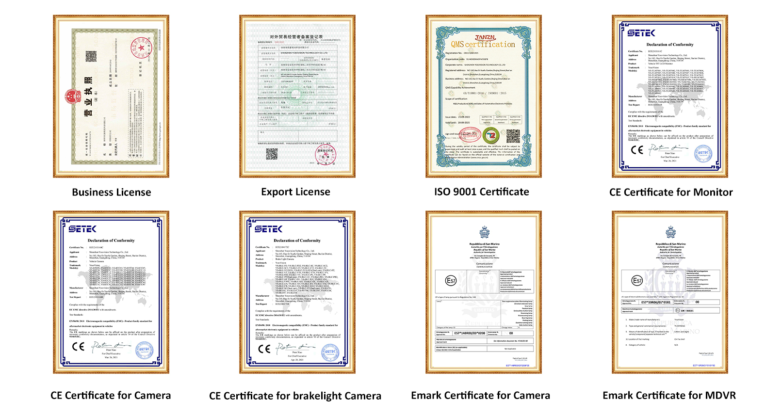 YosoVision Camera and Monitor Certificates
